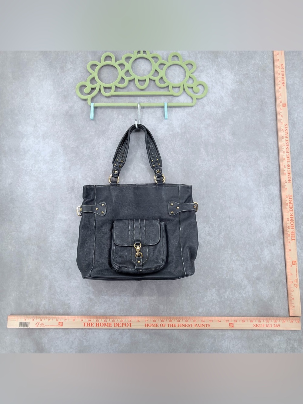 Kate Landry Black Pebbled Leather Tote with Front Pocket and Brass Hardware